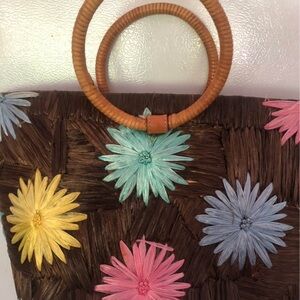 Kate Spade rare straw handmade bag. Floral design with Wooden Handles.